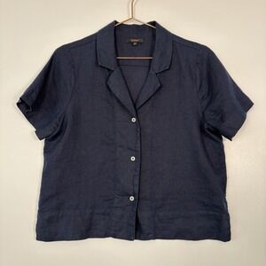 Quince Button Up Shirt Womens XS Navy Blue 100% Linen Short Sleeve Relaxed Top